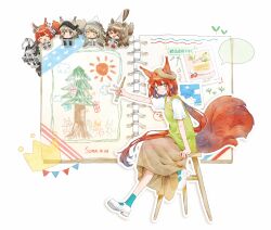  >_< 1other 4girls :o ^_^ alternate_costume animal_ears arknights armor ashlock_(arknights) beret blue_socks blush_stickers book brown_eyes brown_hair brown_hat brown_skirt character_name chibi chinese_commentary closed_eyes commentary_request crown fartooth_(arknights) feather_hair flametail_(arknights) gambeson green_vest hat highres holding holding_paintbrush justice_knight_(arknights) long_hair multiple_girls open_book open_mouth outline paint_on_hands paint_splatter paint_splatter_on_face paintbrush redhead robot scrapbook sdrzkaige shirt short_hair short_sleeves simple_background sitting skirt socks squirrel_ears squirrel_girl squirrel_tail stool string string_of_fate tail v vest visor_(armor) white_background white_footwear white_shirt wild_mane_(arknights) yellow_eyes 