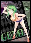  1girl :p bikini_top breasts cleavage denim denim_shorts green_eyes green_hair gumi hat high_heels leaning_forward paparins shoes short_shorts shorts tongue v vocaloid wink 