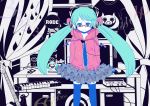  1girl arms_behind_back glasses green_hair hatsune_miku headphones instrument keyboard_(instrument) long_hair looking_at_viewer nijita18 skirt solo thigh-highs very_long_hair vocaloid young 