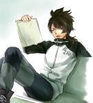  1boy adult brown_hair fudou_akio green_eyes inazuma_eleven_(series) inazuma_eleven_go inazuma_eleven_go_galaxy long_hair male open_mouth resistance_japan sitting solo track_jacket warmwind 