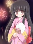  1girl black_hair bow fan fireworks houraisan_kaguya japanese_clothes kimono long_hair night obi red_eyes ry solo touhou yukata 