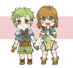  1boy 1girl brown_footwear brown_hair commentary_request deformed fingerless_gloves fire_emblem fire_emblem:_path_of_radiance full_body gloves green_eyes green_hair holding_hands medium_hair mist_(fire_emblem) neckerchief nmnm_bbb rolf_(fire_emblem) short_hair shorts simple_background skirt smile tears 