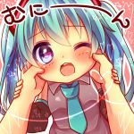  1girl aqua_hair blue_eyes blush cheek_pinching detached_sleeves hatsune_miku necktie open_mouth pinching urara_(sumairuclover) vocaloid wink 