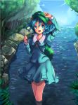  1girl backpack bag blue_eyes blue_hair blue_sky clouds furapechi grass hair_bobbles hair_ornament hat kawashiro_nitori key long_sleeves open_mouth river short_hair skirt skirt_set sky smile solo touhou tree twintails water wrench 
