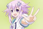  1girl choujigen_game_neptune hair_ornament k_(nura-rikuo) kami_jigen_game_neptune_v neptune_(choujigen_game_neptune) open_mouth purple_hair short_hair smile solo violet_eyes 