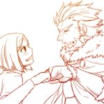  2boys beard facial_hair fate/zero fate_(series) fist_bump holiday-jin monochrome multiple_boys rider_(fate/zero) waver_velvet 