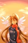 1girl animal_ears arms_behind_back breasts brown_hair closed_eyes facing_viewer highres long_hair noname_(nowhere) open_mouth original rabbit_ears rumi_(netyhobby) scarf smile solo very_long_hair wings 