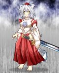  1girl animal_ears barefoot breasts cloudy_sky detached_sleeves gokurakutensi hand_on_hilt hat high_collar impossible_clothes impossible_shirt inubashiri_momiji looking_at_viewer pom_pom_(clothes) rain shadow sheath sheathed short_hair skirt solo sword tail tiptoes tokin_hat touhou weapon white_hair wolf_ears wolf_tail yellow_eyes yin_yang 