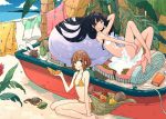  2girls arm_behind_head ass banana bare_shoulders barefoot beach bikini black_eyes blue_eyes boat book brown_hair clothesline clouds coconut covering covering_crotch crab dragon_fruit drying_clothes eating feet food food_on_face fruit kurokeisin long_hair looking_at_viewer multiple_girls ocean original palm_tree sand shell short_hair sitting sky smile swimsuit tree tree_shade wariza water white_bikini white_swimsuit yellow_bikini 