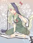  1girl dress ex-keine flower green_dress green_hair highres horn_ribbon horns kamishirasawa_keine koori_hana long_hair neckerchief open_mouth puffy_sleeves red_eyes ribbon scroll shirt short_sleeves sitting smile solo tail touhou very_long_hair wariza 