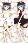  1boy animal_ears barefoot black_hair blue_hair cat_ears cat_tail dakimakura dress gradient_hair green_eyes hair_bobbles hair_ornament highres lying multicolored_hair ryone_yami school_uniform serafuku short_hair skirt socks tagme tail trap utau 