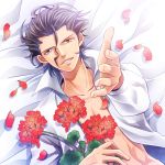  1boy ahoge black_hair casual fate/zero fate_(series) flower holiday-jin lancer_(fate/zero) looking_at_viewer mole open_clothes open_shirt outstretched_hand petals solo yellow_eyes 
