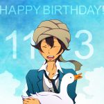  1boy akira_agarkar_yamada bird black_hair duck goose happy_birthday is37 school_uniform solo tapioka tsuritama turban 