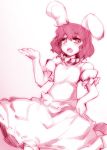  1girl animal_ears blush dress hand_on_hip inaba_tewi kazetto monochrome open_mouth rabbit_ears short_hair sketch solo touhou 