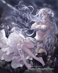  1girl barefoot breasts cleavage flower hair_flower hair_ornament hand_on_own_chest lighthouse long_hair midriff newrein night night_sky open_mouth shell silver_hair sitting sky solo tenkuu_no_crystalia very_long_hair water watermark wind 