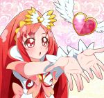  1girl absurdres bow cure_ace dokidoki!_precure hair_bow heart highres long_hair madoka_aguri magical_girl outstretched_hand pink_background precure red_eyes redhead solo wings yupiteru 