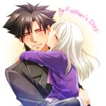  1boy 1girl black_hair cheek_kiss emiya_kiritsugu facial_hair fate/zero fate_(series) father&#039;s_day father_and_daughter holiday-jin illyasviel_von_einzbern kiss long_hair stubble white_hair 