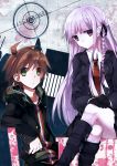  1boy 1girl braid brown_hair collarbone crossed_legs dangan_ronpa gloves green_eyes highres hood kirigiri_kyouko long_hair long_sleeves naegi_makoto necktie pink_hair side_braid single_braid sitting sweatshirt uko_(xioushotacon) very_long_hair violet_eyes zipper 