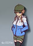 1girl black_legwear blue_eyes breasts character_request hands_in_pockets haru-same hat short_hair shorts simple_background solo strike_witches thigh-highs 