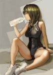  1girl arm_support aro_(charged_time_out) bottle breasts brown_hair drinking goggles green_eyes large_breasts long_hair one-piece_swimsuit original red_eyes shoes sitting sneakers solo spread_legs swimsuit water 