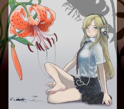  1girl bare_legs barefoot blonde_hair blue_eyes dirty_feet feet flower headphones necktie original plant pleated_skirt sitting skirt soles ymr 