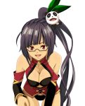  1girl bare_shoulders basuchian black_hair black_panties blazblue bra breasts cleavage detached_sleeves glasses lao_jiu large_breasts litchi_faye_ling long_hair no_pants panda panties ponytail red_eyes underwear very_long_hair white_background 