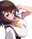  1girl breasts brown_eyes brown_hair gatchaman_crowds hair_ornament hairclip ichinose_hajime large_breasts long_hair saiste simple_background smile white_background 