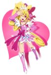  1girl ;d aida_mana arm_up arm_warmers bike_shorts blonde_hair boots bow choker cure_heart curly_hair dokidoki!_precure half_updo hand_on_hip kenbi_(hi_himmy) knee_boots long_hair magical_girl open_mouth pink_background pink_eyes ponytail precure ribbon shorts_under_skirt skirt smile solo tile_background wink 