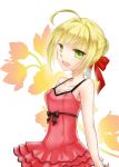  1girl ahoge blonde_hair dress fate/extra fate_(series) green_eyes red_dress saber_extra snow-noise solo 
