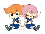  2boys ayu_(mog) back-to-back black_eyes chibi closed_eyes earth_eleven glasses inazuma_eleven_(series) inazuma_eleven_go inazuma_eleven_go_galaxy lightning_bolt lowres male_focus manabe_jin&#039;ichirou minaho_kazuto multiple_boys orange_hair purple_hair simple_background sitting sleeping soccer_uniform sportswear white_background zzz 