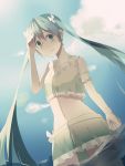  1girl absurdres clouds dutch_angle green_eyes green_hair hatsune_miku highres long_hair midriff skirt sky smile solo twintails very_long_hair vocaloid wading water 