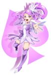 1girl :d arm_warmers boots bow choker cure_sword curly_hair dokidoki!_precure hair_ornament hairpin headphones kenbi_(hi_himmy) kenzaki_makoto magical_girl open_mouth outstretched_hand ponytail precure purple purple_background purple_hair purple_legwear ribbon short_hair smile solo spade thigh-highs thigh_boots tile_background violet_eyes 