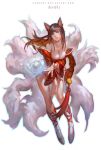  1girl ahri animal_ears bare_shoulders black_hair boots breasts character_name cleavage detached_sleeves fox_ears fox_tail krenz league_of_legends long_hair multiple_tails simple_background solo tail white_background yellow_eyes 