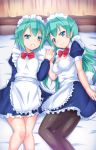  2girls blue_eyes green_hair hair_ornament highres kaitou_tenshi_twin_angel long_hair maid multiple_girls nine_violet pantyhose satou_kuuki short_hair siblings sisters tesla_violet twins 