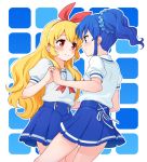  2girls aikatsu! blonde_hair blue_background blue_eyes blue_hair blush couple eye_contact hairband holding_hands hoshimiya_ichigo interlocked_fingers kiriya_aoi looking_at_another multiple_girls red_eyes red_ribbon ribbon school_uniform side_ponytail smile tile_background yoban 