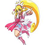  1girl :d aida_mana bike_shorts blonde_hair boots clenched_hand cure_heart dokidoki!_precure half_updo oekaki open_mouth outstretched_arm pink_eyes pointing precure simple_background smile solo turkey_min white_background 