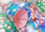  1girl blush brown_eyes brown_hair flower from_above juu. looking_at_viewer looking_up musical_note open_mouth original reflection short_hair smile solo umbrella 