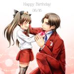  1boy 1girl birthday blue_eyes brown_hair dated facial_hair fate/zero fate_(series) father_and_daughter flower formal goatee happy_birthday holiday-jin rose suit thigh-highs tohsaka_rin toosaka_rin toosaka_tokiomi twintails 