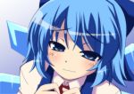  1girl blue_eyes blue_hair bow bust cirno dutch_angle face gradient gradient_background hair_bow light_frown looking_at_viewer masiromu short_hair simple_background solo touhou wings 