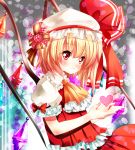  1girl ascot blonde_hair blush bow flandre_scarlet hat hat_bow heart light_particles looking_at_viewer nagare puffy_sleeves red_eyes shirt short_sleeves skirt skirt_set solo touhou vest wings 