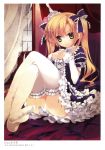  1girl absurdres artist_request bed blonde_hair dress frilled_dress frilled_legwear frills green_eyes hands_on_own_chest highres knees_up legs lolita_fashion panties sitting tagme thighhighs twintails underwear white_legwear white_panties window 