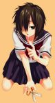  1girl black_eyes black_hair hair_over_one_eye nazo_no_kanojo_x s_kengo saliva saliva_trail school_uniform scissors serafuku short_hair skirt urabe_mikoto 