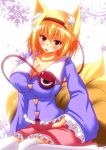  1girl animal_ears blonde_hair blouse breasts cleavage cosplay fox_ears fox_tail head_tilt headband heart impossible_clothes impossible_shirt komeiji_satori komeiji_satori_(cosplay) large_breasts long_sleeves looking_at_viewer merry_(diameri) multiple_tails open_mouth over-kneehighs short_hair sitting skirt snowflakes solo tail thigh-highs third_eye touhou vines wariza white_background white_legwear yakumo_ran yellow_eyes zettai_ryouiki 