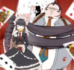  1girl black_hair bonnet card celestia_rudenberk cup dangan_ronpa drill_hair drinking glasses gothic_lolita lolita_fashion long_hair monokuma playing_card school_uniform teacup yamada_hifumi yuyupo 