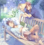  2boys ahoge animal arm_support axis_powers_hetalia barefoot bench blush book brown_hair cat closed_eyes drooling folder frown grass hair_intakes hand_on_own_chest jewelry looking_down male messy_hair multiple_boys necklace no_shoes open_book open_mouth outdoors pants pants_rolled_up paper pillow sleeping sleeves_rolled_up southern_italy_(hetalia) spain_(hetalia) sweat tree watch watch yellow_eyes zukki_(suzukio) 