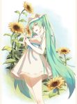  1girl 2013 dated dress flower green_eyes green_hair hat hatsune_miku highres kimkyeng long_hair open_mouth solo sunflower twintails very_long_hair vocaloid 
