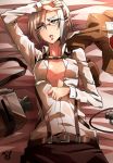  1girl arai_nobu arm_up belt blue_eyes blush glasses hot lying no_bra open_clothes open_mouth rico_brzenska shingeki_no_kyojin shiny shiny_skin shirt short_hair solo sweat sweating three-dimensional_maneuver_gear wet wet_clothes white_shirt wiping_sweat 