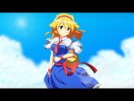  1girl alice_margatroid belt blonde_hair blue_eyes blue_sky blush capelet cato_(monocatienus) clouds dress hairband lens_flare letterboxed looking_at_viewer open_mouth picnic_basket sky solo sun touhou wristband 