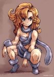 1girl ankle_boots ayla bandeau bare_shoulders blonde_hair blue_eyes breasts chrono_trigger cleavage curly_hair fur_trim highres loincloth long_hair midriff navel pyromaniac simple_background smile squatting tail toned 