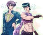  2boys abs blue_eyes blue_hair cosplay costume_switch crop_top father_and_son fingerless_gloves gakuran gloves heart higashikata_jousuke_(cosplay) jojo_no_kimyou_na_bouken joseph_joestar_(young) joseph_joestar_(young)_(cosplay) kuujou_joutarou midriff multiple_boys narutan pompadour purple_hair scarf school_uniform spoken_heart time_paradox 